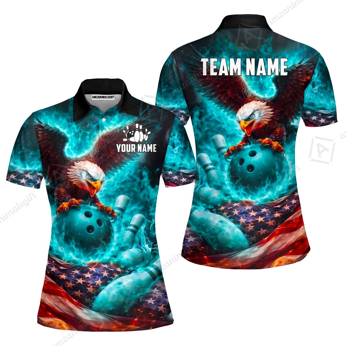 Custom Bowling Jersey Polo Shirt, Patriotic Blue Fire Eagle, Custom Bowling Jersey Team Shirt For Players With Name and Team Name