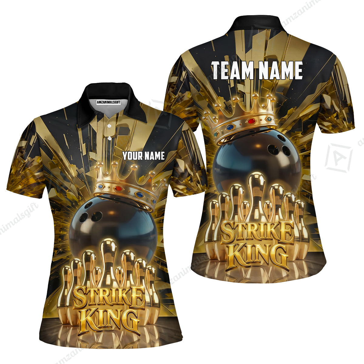 Custom Bowling Jersey Polo Shirt, Luxury Gold Strike King Crown, Custom Bowling Jersey Team Shirt For Players With Name and Team Name