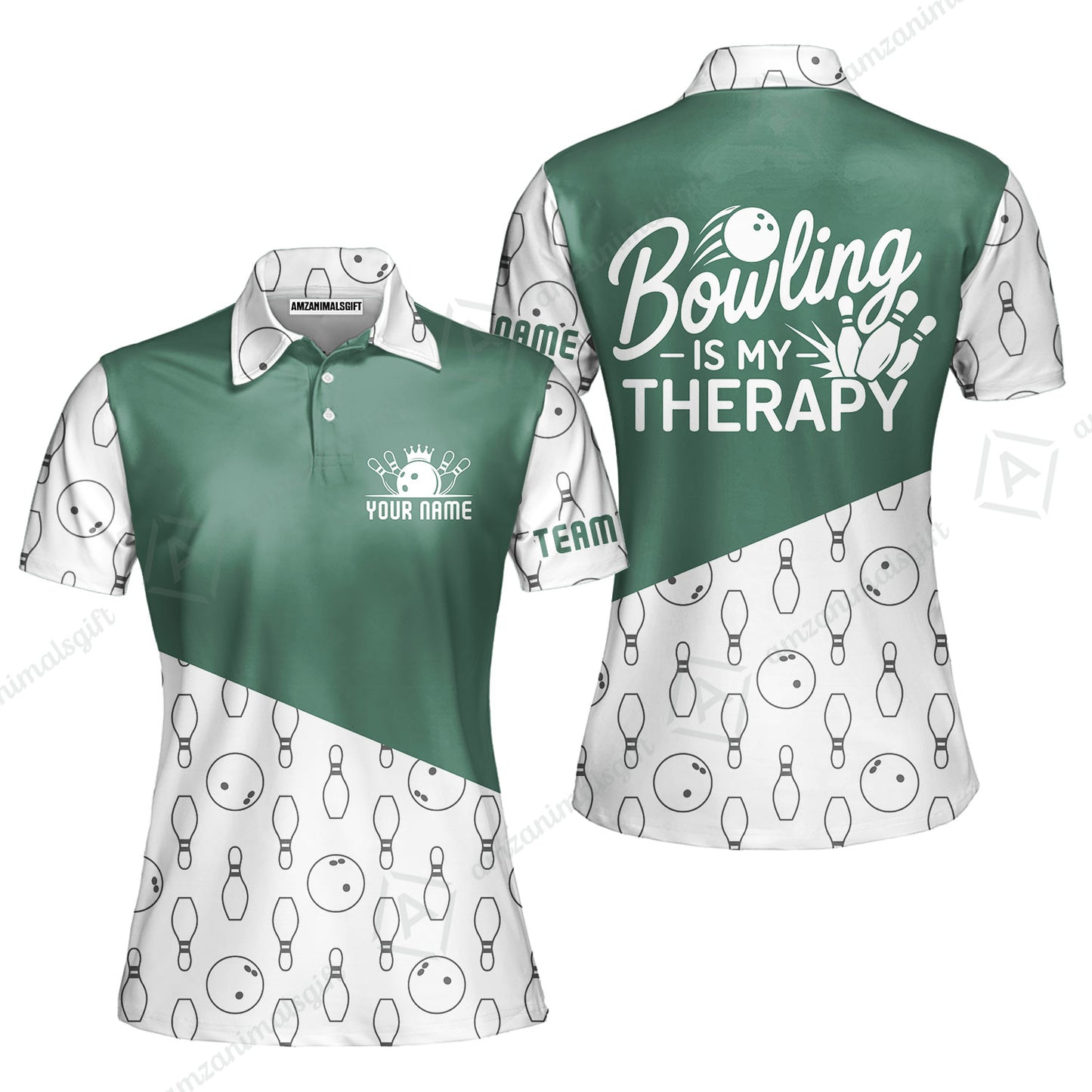 Customized Bowling Shirt, Bowling Is My Therapy, Personalized Polo Shirt For Players With Name & Team Name