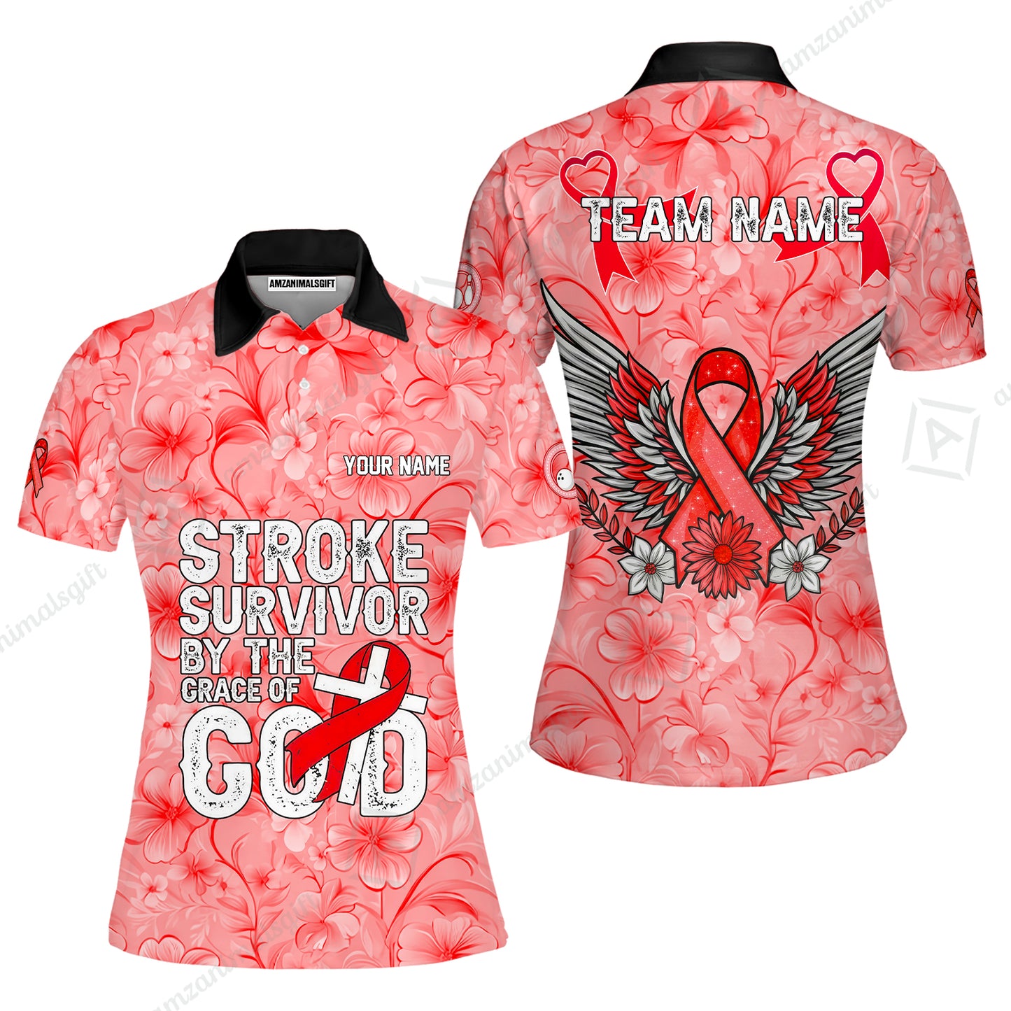 Stroke Survivor Custom Name Bowling Polo Shirt – Stroke Survivor By The Grace Of God – Custom Team Bowling Jersey