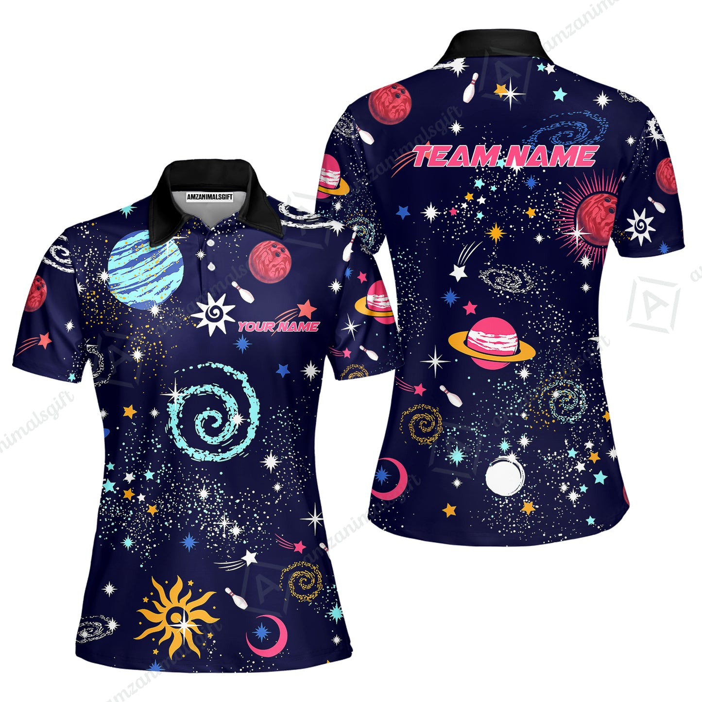 Custom Bowling Jersey Polo Shirt, Galaxy Pattern Shirt, Custom Bowling Jersey Team Shirt For Players With Name and Team Name