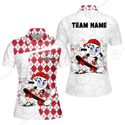 Custom Bowling Jersey Polo Shirt, Skateboarder Bowling Ball Mascot, Custom Bowling Jersey Team Shirt For Players With Name and Team Name