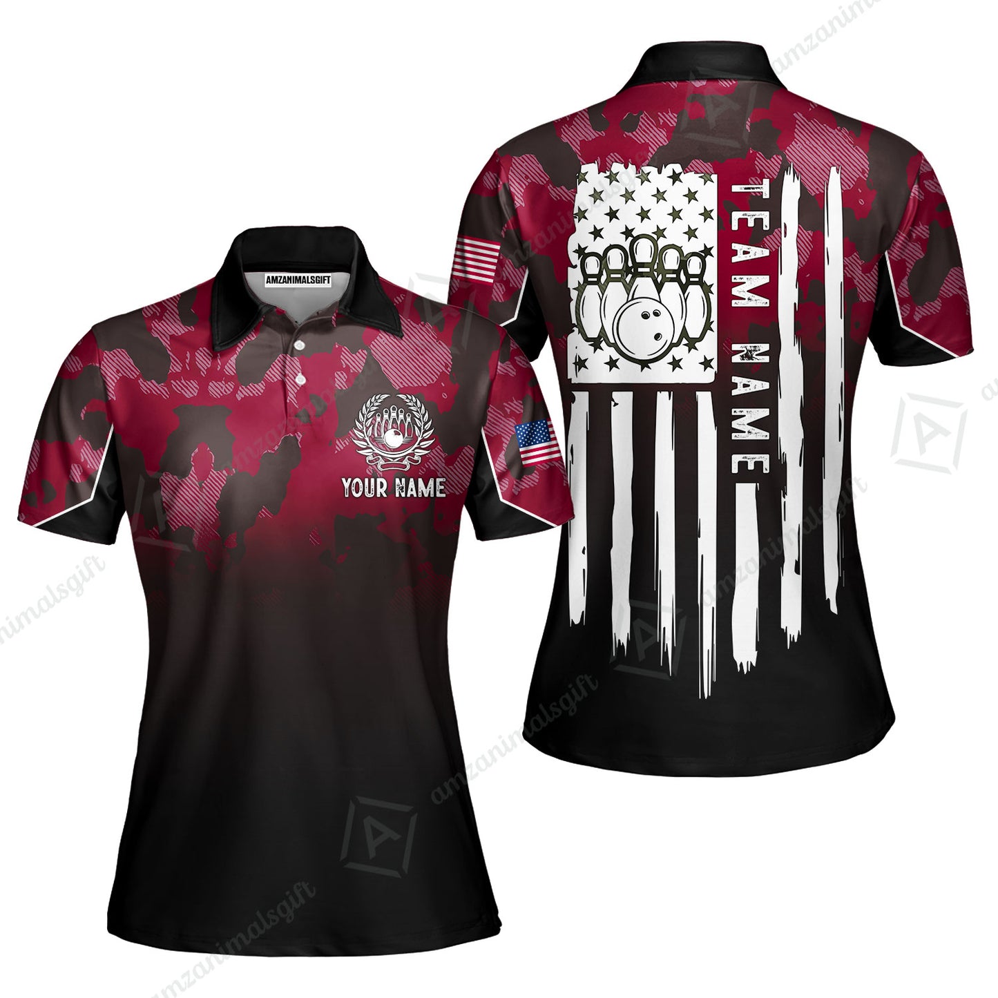 Custom Bowling Jersey Polo Shirt, Tactical Camo Patriotic Flag, Custom Bowling Jersey Team Shirt For Players With Name and Team Name