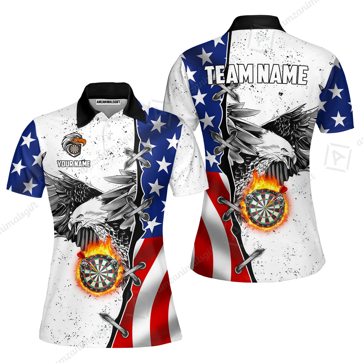 Customized Darts Team Uniform Shirt Darts US Flag White Eagle Flame Pin Dust Pattern, Personalized Name And Team Name