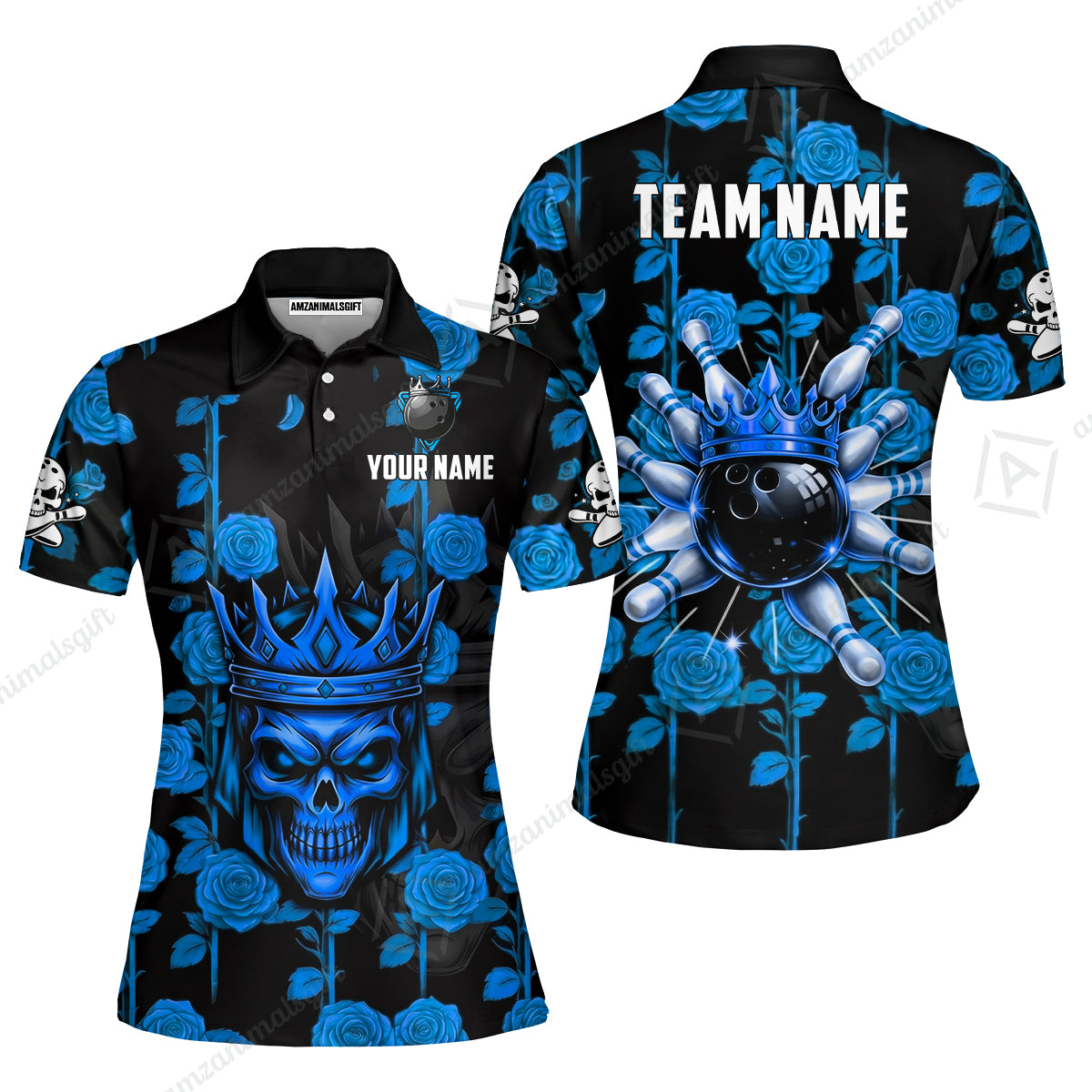 Custom Bowling Jersey Polo Shirt, Royal Skull Bowling, Custom Bowling Jersey Team Shirt For Players With Name & Team Name