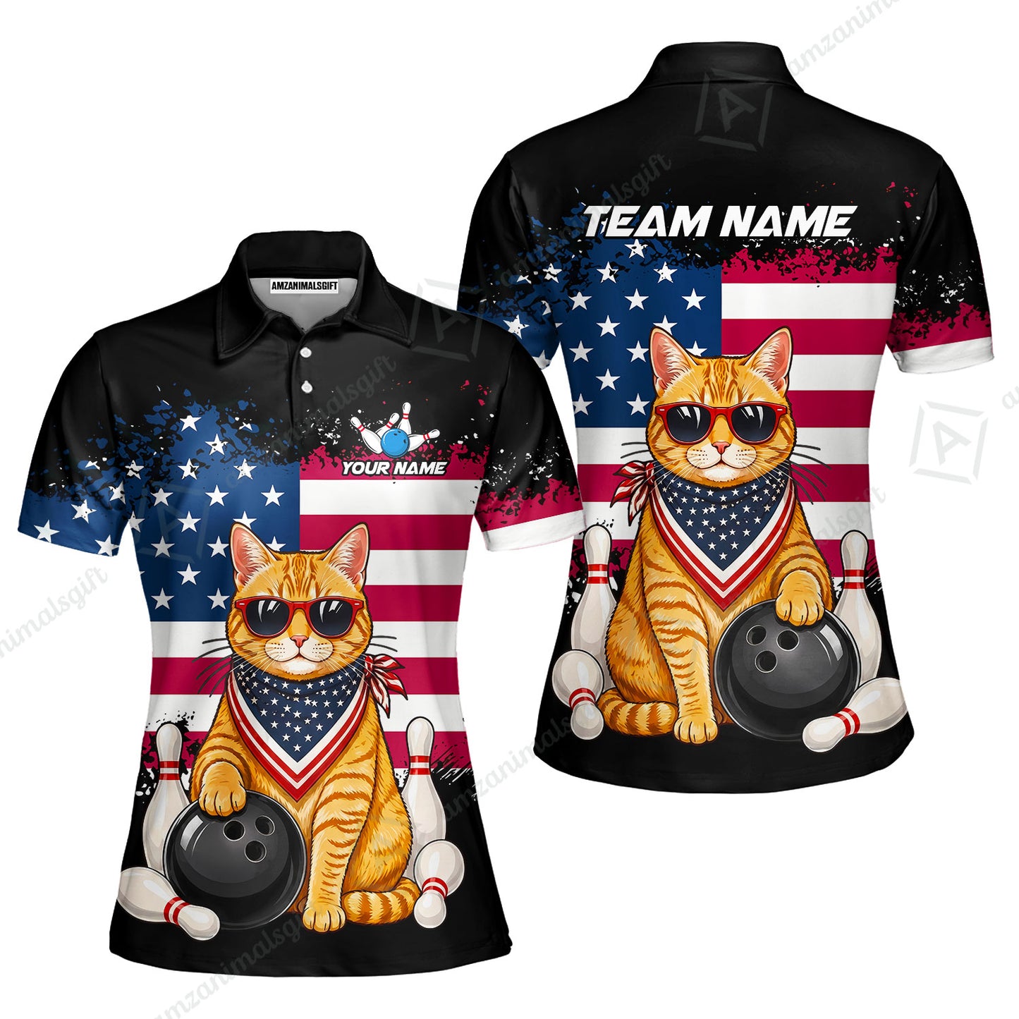 Custom Bowling Jersey Polo Shirt, Animal With Glasses And Bandana America Flag, Personalize Name & Team Name