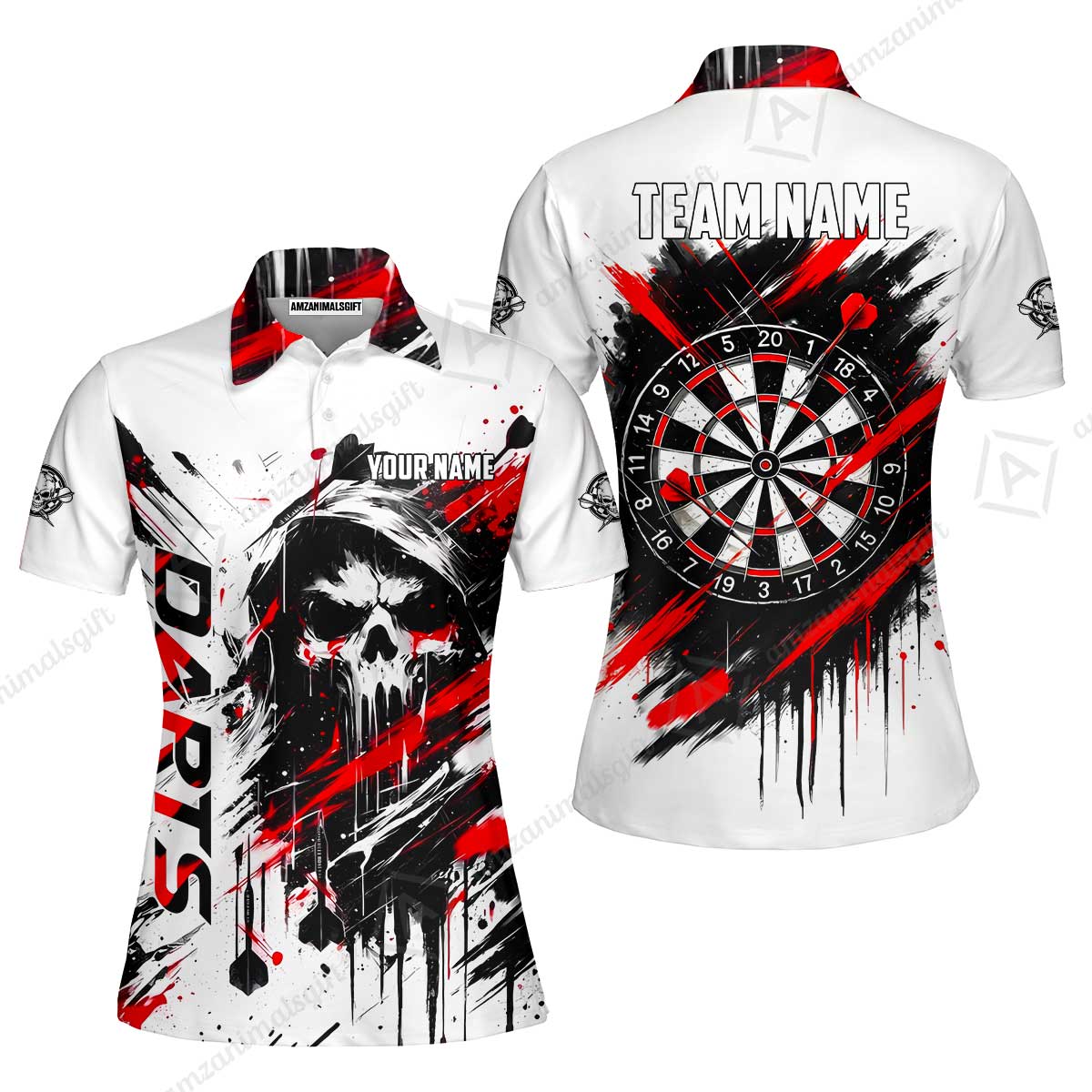 Custom Darts Jersey Polo Shirt, Grim Reaper Sketch Splatter, Custom Dart Jersey Team Shirt For Players With Name & Team Name