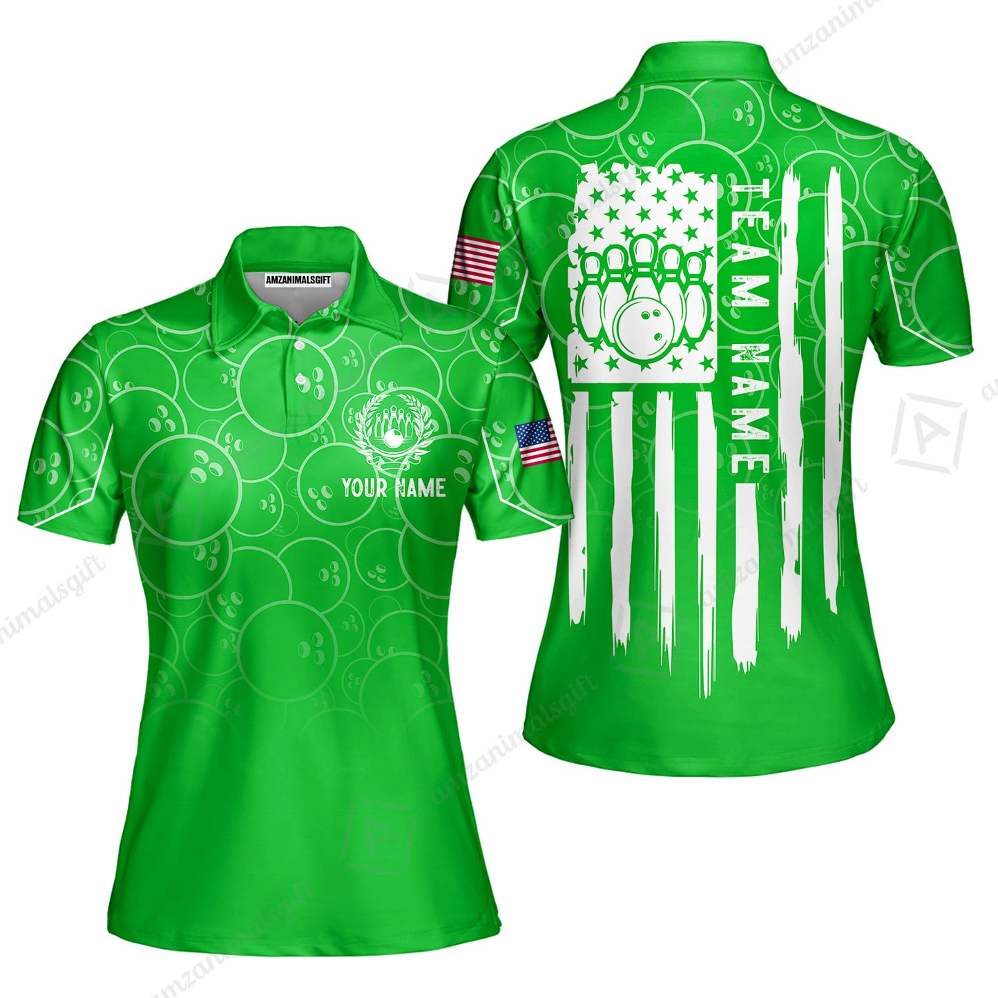 Custom Bowling Jersey Polo Shirt, Vibrant Kelly Ball Pattern Flag, Custom Bowling Jersey Team Shirt For Players With Name and Team Name