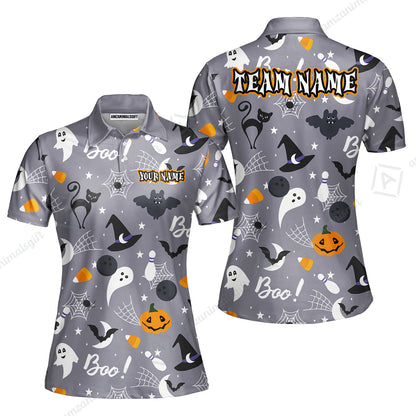 Customized Bowling Shirt, Halloween Pattern Bowling And Pin Boo Cat Ghost Bat Pumpkin, Personalized Polo Shirt For Players With Name & Team Name