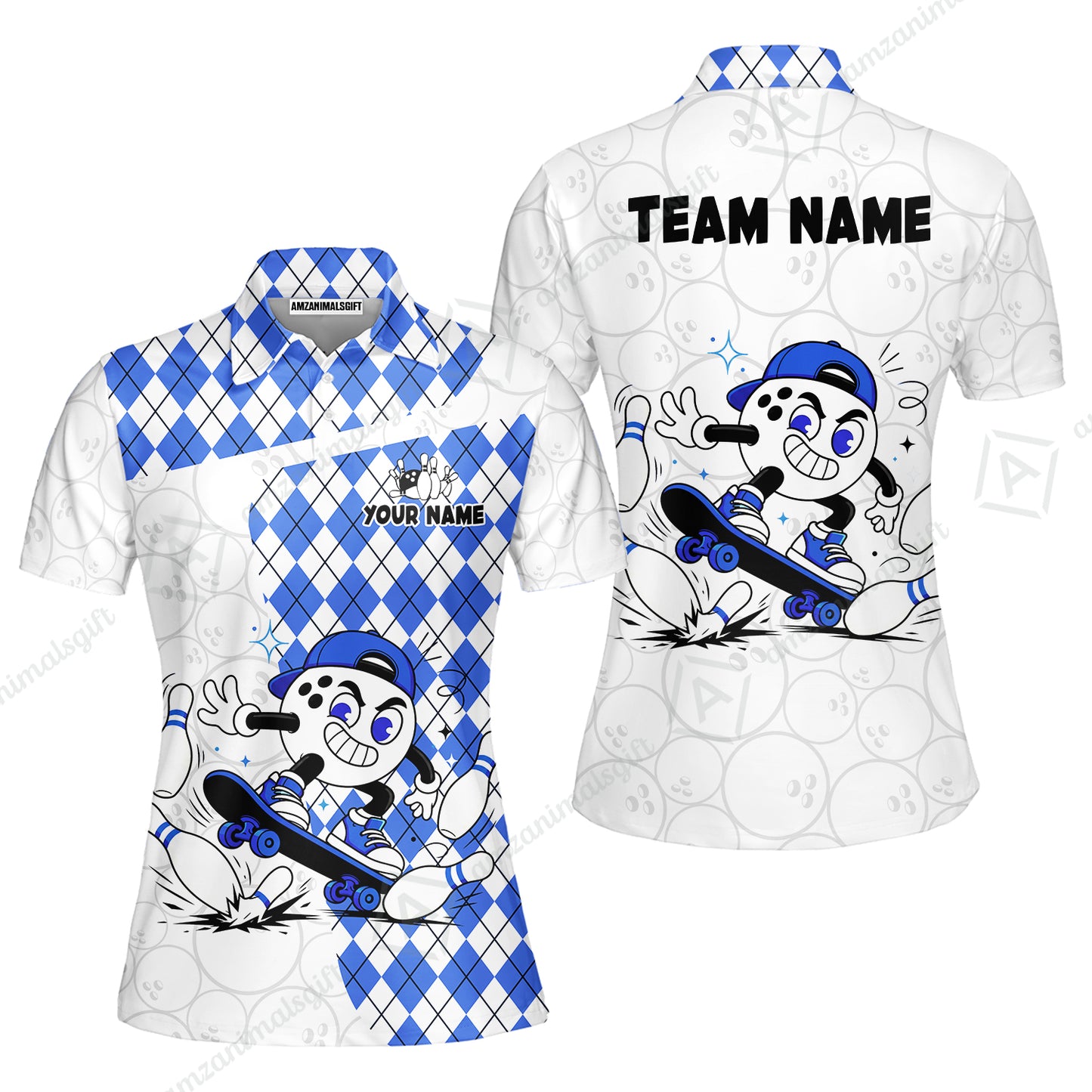 Custom Bowling Jersey Polo Shirt, Skateboarder Bowling Ball Mascot, Custom Bowling Jersey Team Shirt For Players With Name and Team Name