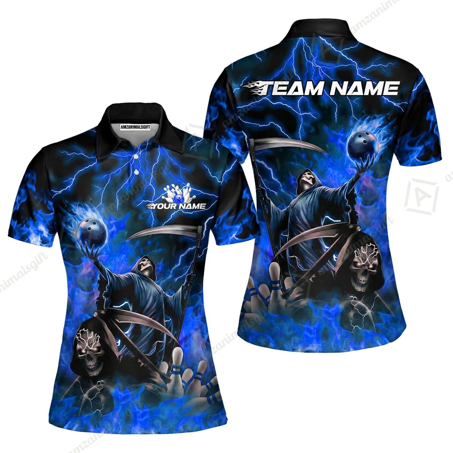 Custom Bowling Team Quarter-Zip Polo Shirt, Grim Reaper Skull With Flame Bowling Lightning Design for Bowlers, Personalized Shirt with Name and Team Name