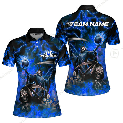 Custom Bowling Team Quarter-Zip Polo Shirt, Grim Reaper Skull With Flame Bowling Lightning Design for Bowlers, Personalized Shirt with Name and Team Name