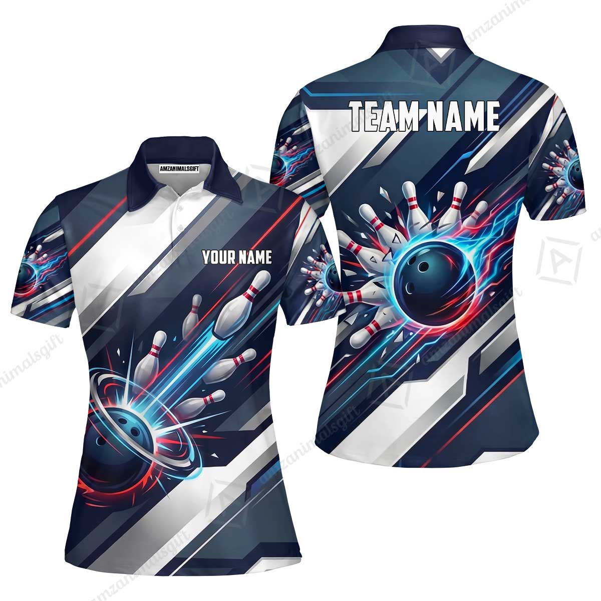 Custom Bowling Jersey Polo Shirt, Futuristic Cyber Electric Strike, Custom Bowling Jersey Team Shirt For Players With Name and Team Name