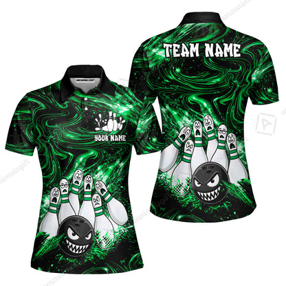 Customized Bowling Unisex Polo Shirt, Bowling Angry Ball VS Screaming Pins, Personalized Name And Team Name