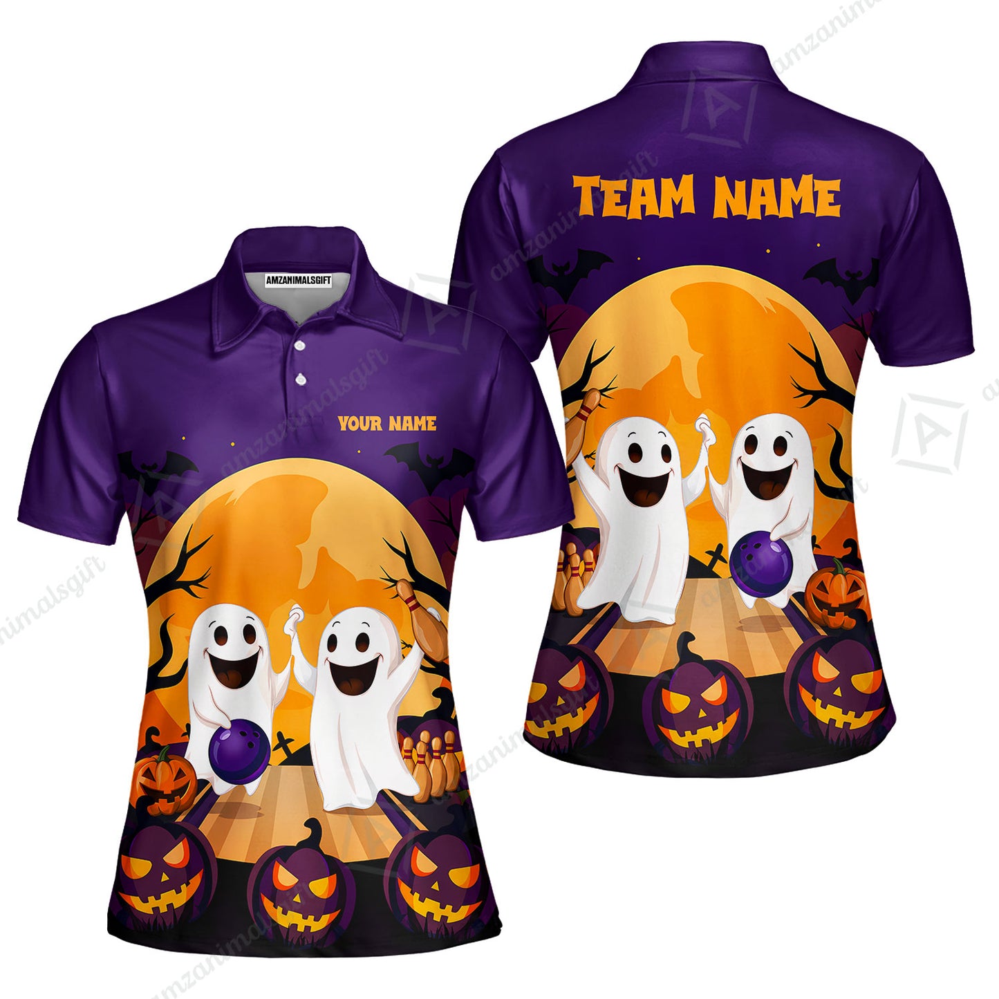 Custom Bowling Jersey Polo Shirt, Bowling Ghost Pumpkin Halloween, Personalized Name And Team Name