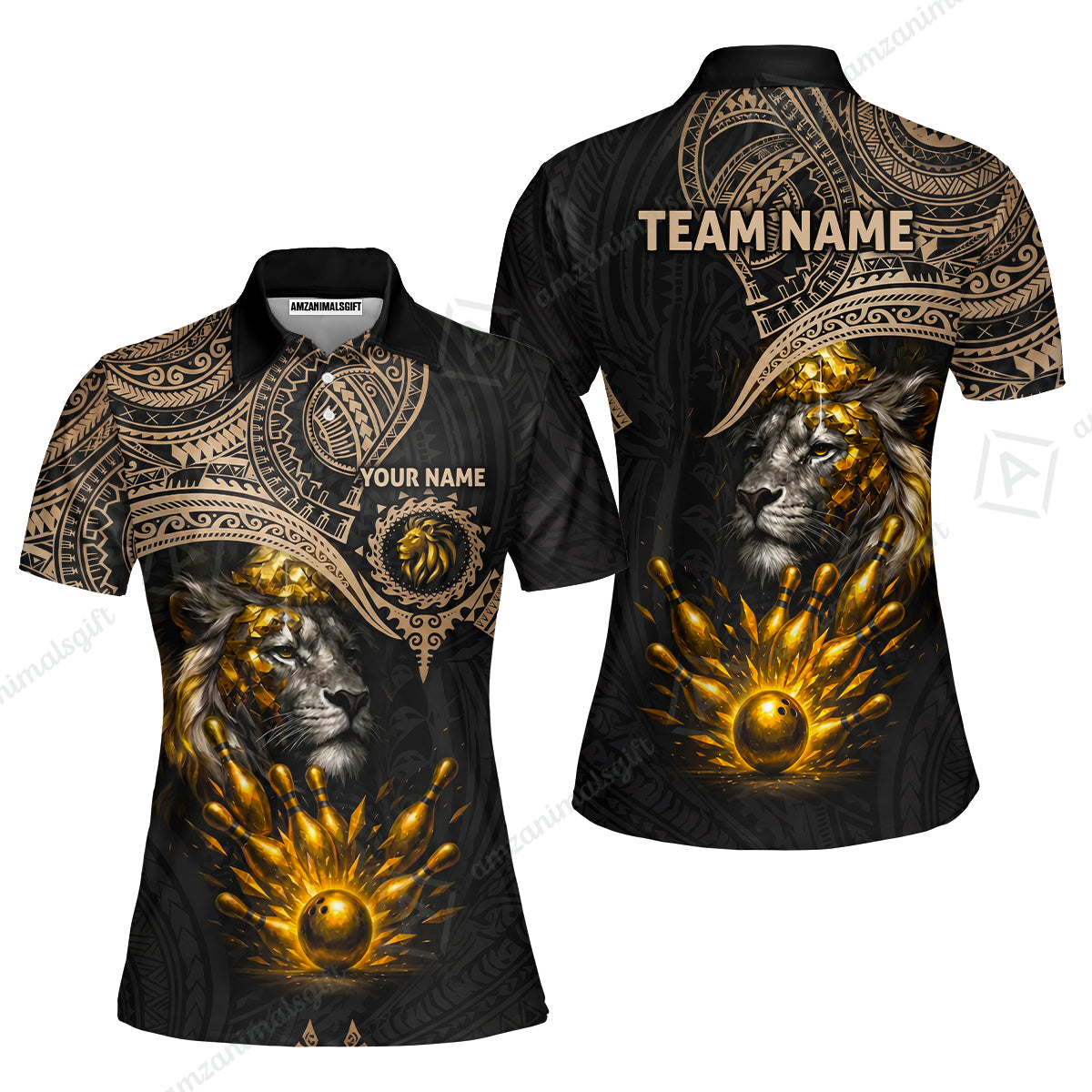 Custom Bowling Jersey Polo Shirt, Regal Golden Tribal Lion, Custom Bowling Jersey Team Shirt For Players With Name and Team Name