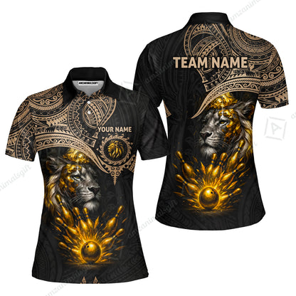 Custom Bowling Jersey Polo Shirt, Regal Golden Tribal Lion, Custom Bowling Jersey Team Shirt For Players With Name and Team Name