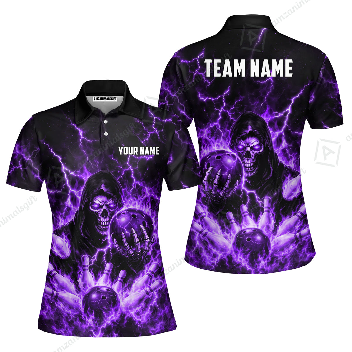 Custom Bowling Jersey Polo Shirt, Lightning Grim Reaper, Custom Bowling Jersey Team Shirt For Players With Name & Team Name
