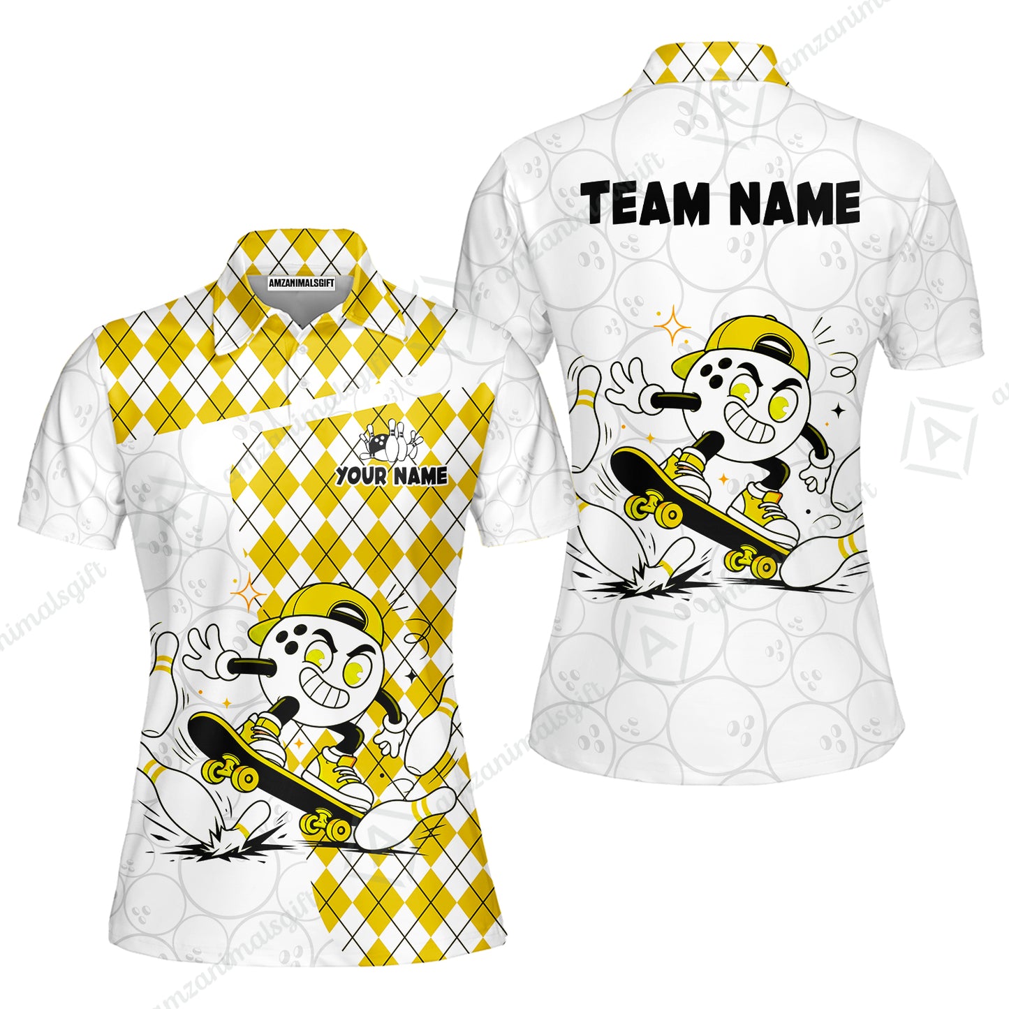 Custom Bowling Jersey Polo Shirt, Skateboarder Bowling Ball Mascot, Custom Bowling Jersey Team Shirt For Players With Name and Team Name