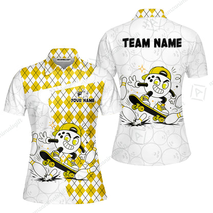 Custom Bowling Jersey Polo Shirt, Skateboarder Bowling Ball Mascot, Custom Bowling Jersey Team Shirt For Players With Name and Team Name