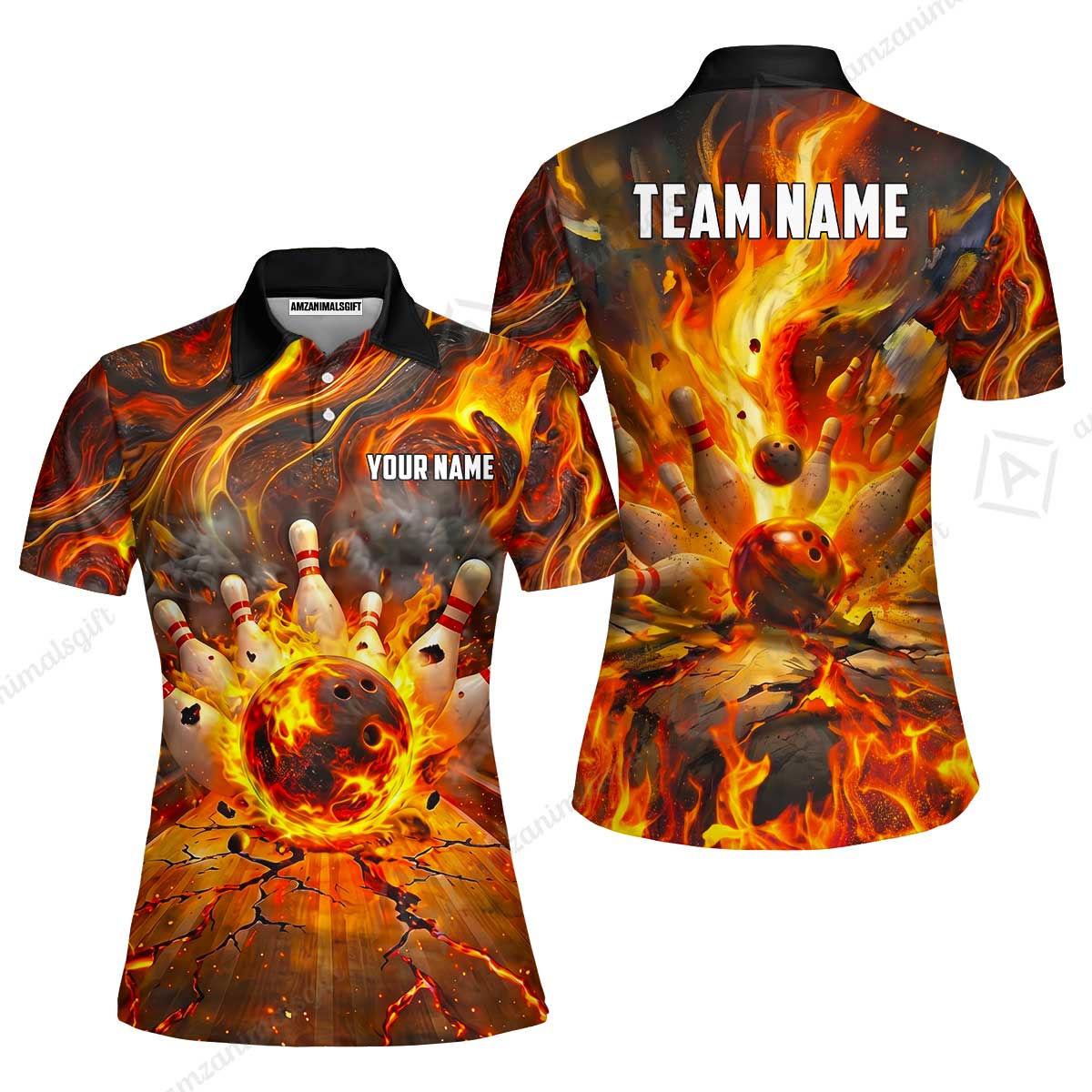 Custom Bowling Jersey Polo Shirt, Fiery Inferno Strike, Custom Bowling Jersey Team Shirt For Players With Name and Team Name