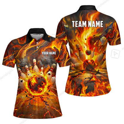 Custom Bowling Jersey Polo Shirt, Fiery Inferno Strike, Custom Bowling Jersey Team Shirt For Players With Name and Team Name