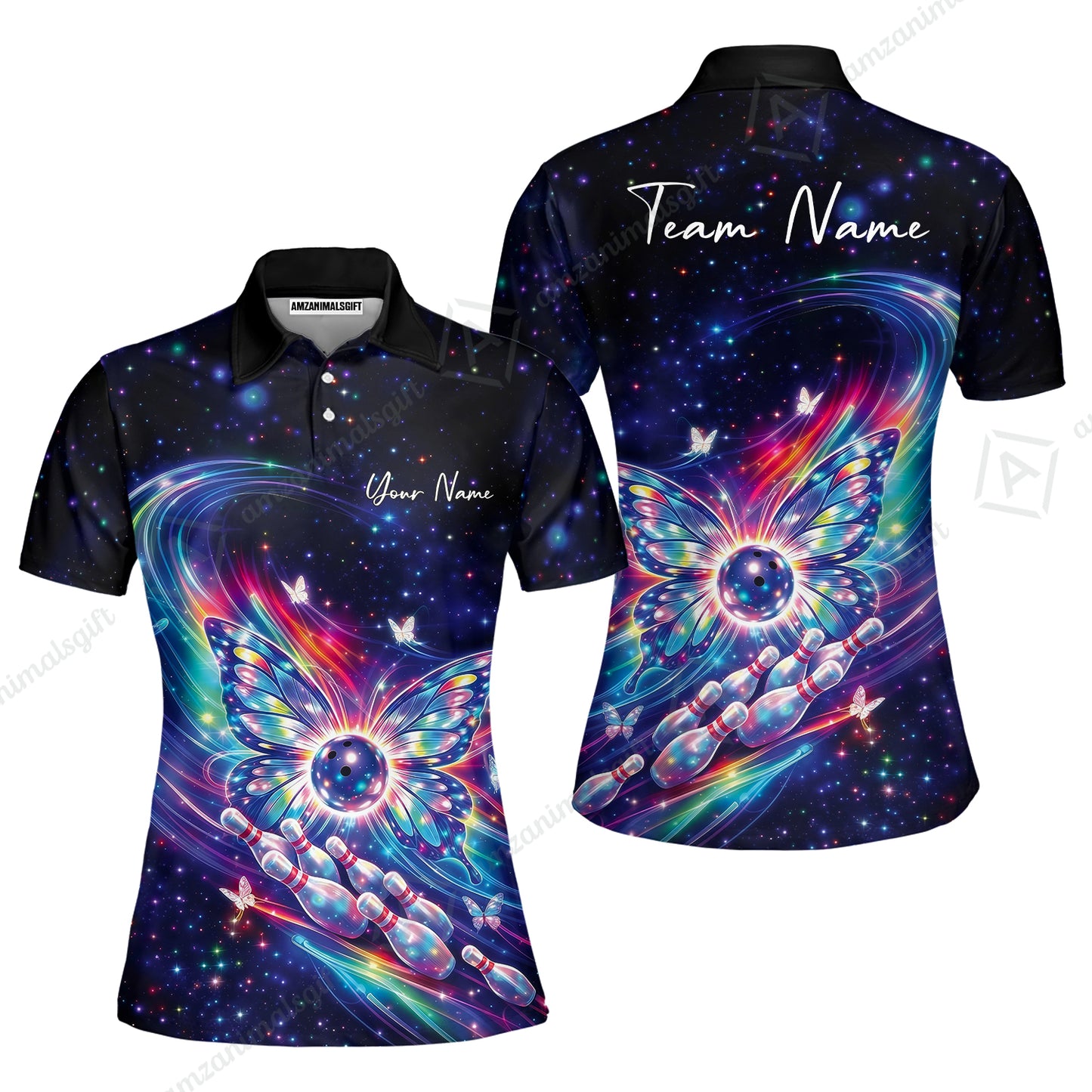 Custom Bowling Jersey Polo Shirt, Spiritual Butterfly Bowling Custom Bowling Jersey Team Shirt For Players With Name & Team Name