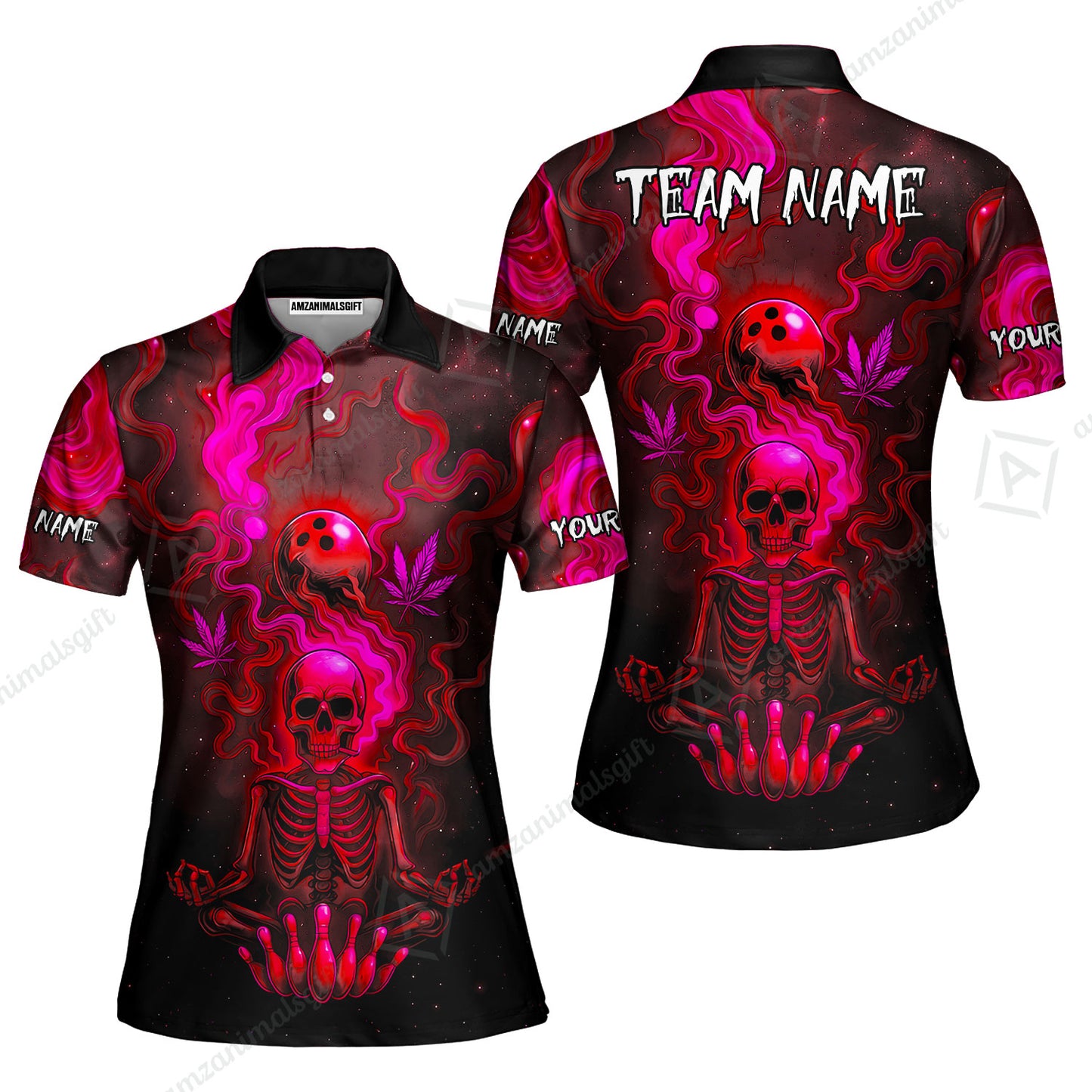 Custom Bowling Team Unisex Polo Shirt, Neon Skull CNB Bowling Custom Shirt Featuring Personalized Name and Team Name
