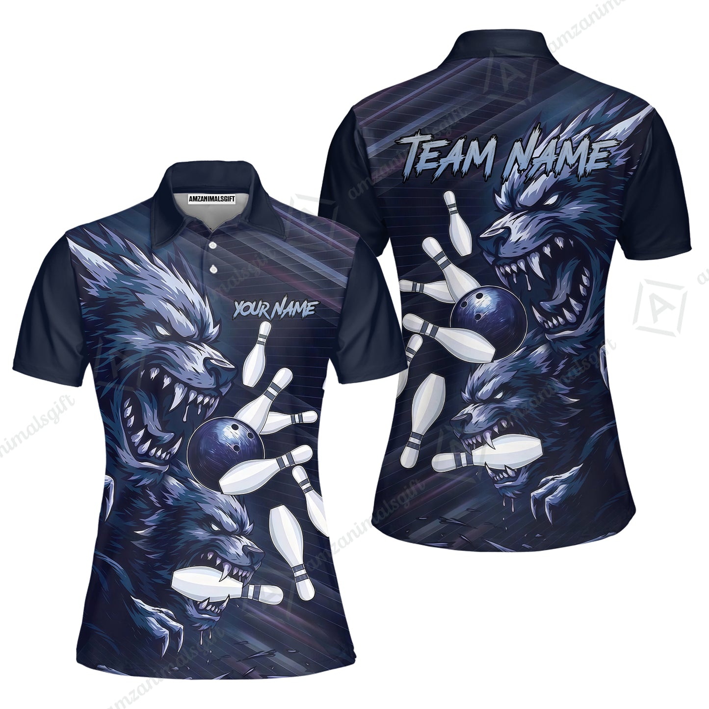 Custom Bowling Jersey Polo Shirt, Wolf Biting Bowling Pin Custom Bowling Jersey Team Shirt For Players With Name & Team Name