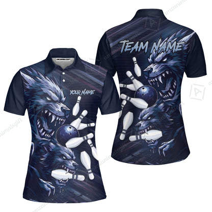 Custom Bowling Jersey Polo Shirt, Wolf Biting Bowling Pin Custom Bowling Jersey Team Shirt For Players With Name & Team Name