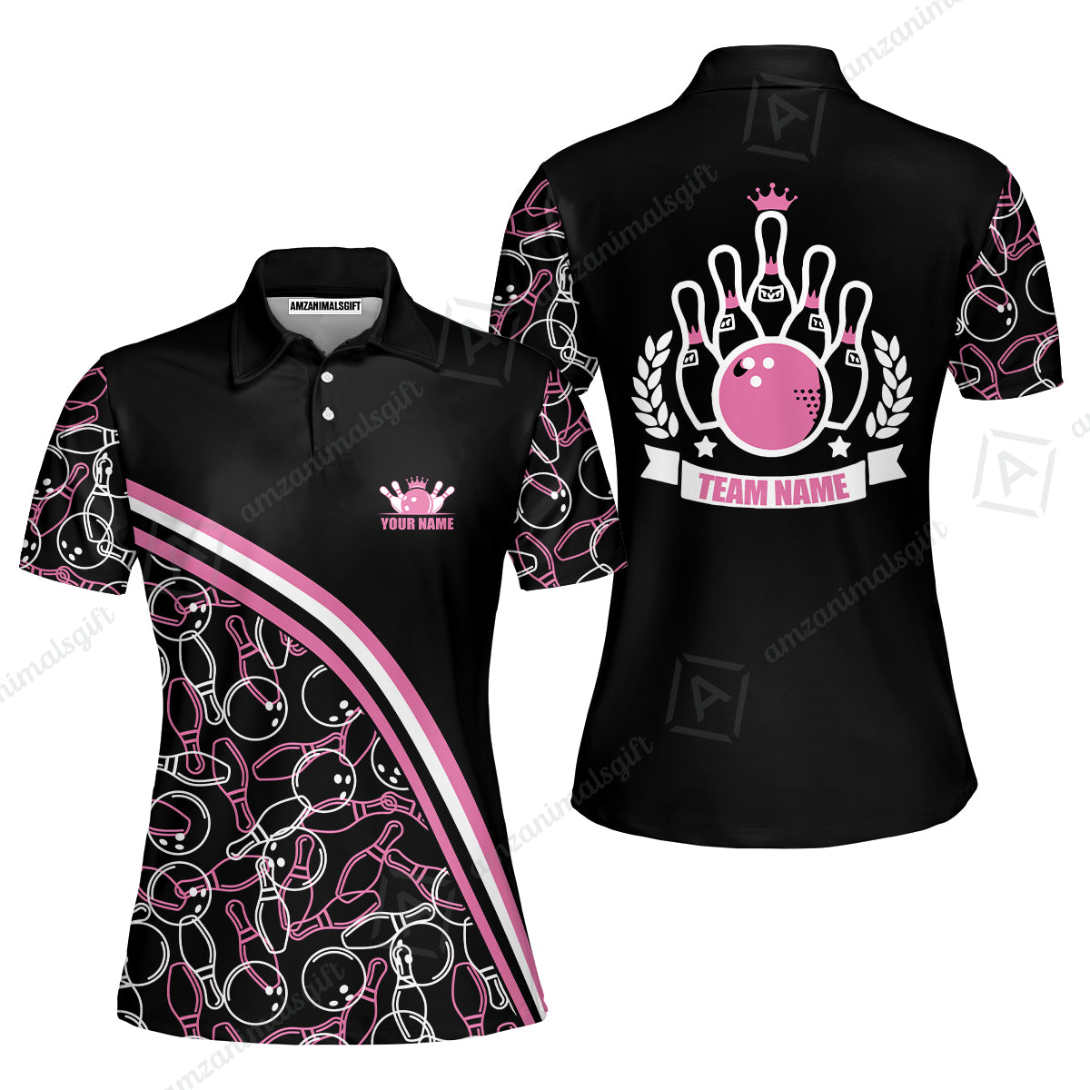 Bowling Customized Women Polo Shirt - Black Pink Bowling Pattern Personalized Bowling Polo Shirt - Gift For Friend, Family, Bowling Lovers