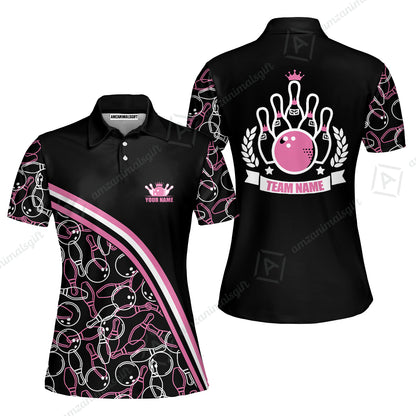 Bowling Customized Women Polo Shirt - Black Pink Bowling Pattern Personalized Bowling Polo Shirt - Gift For Friend, Family, Bowling Lovers