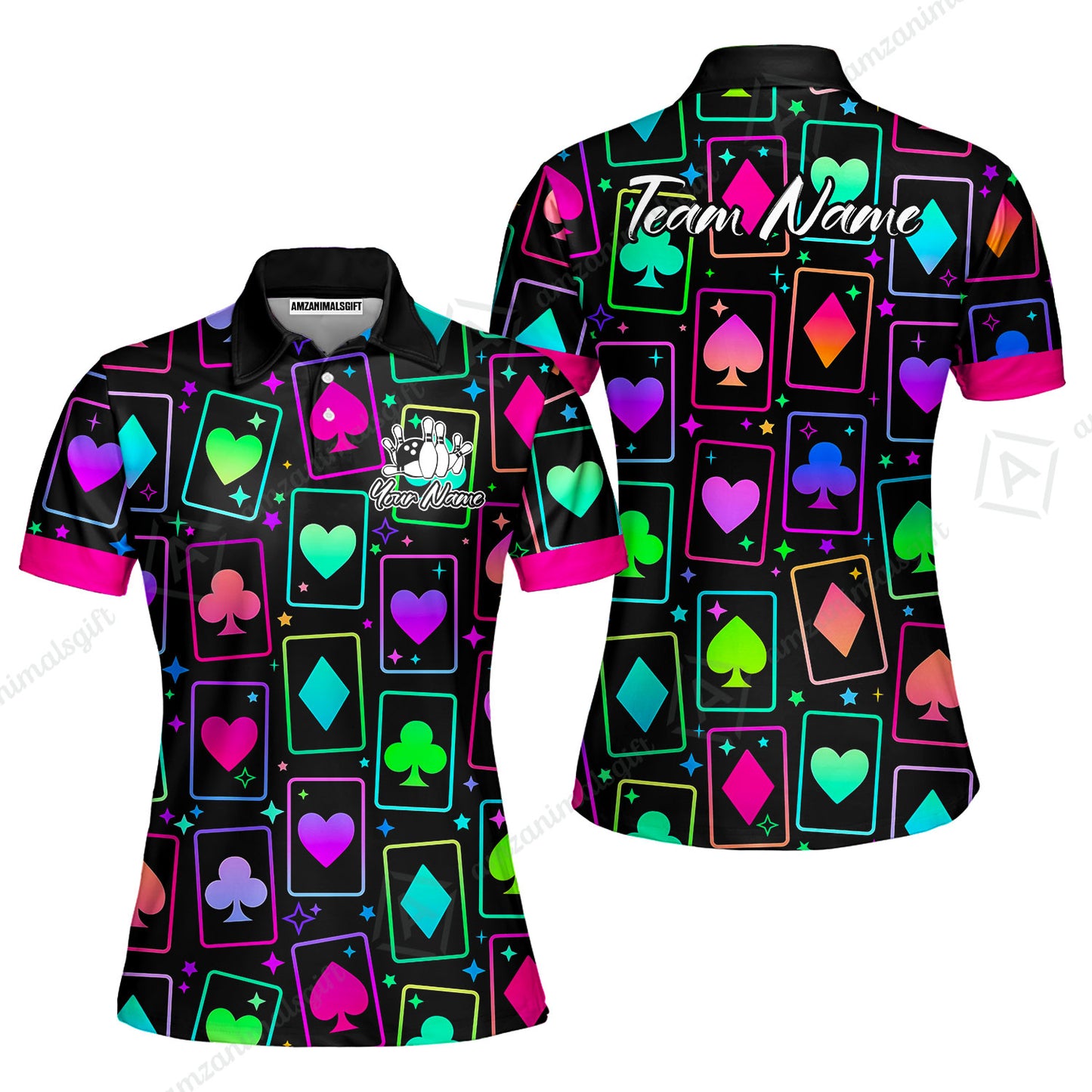Custom Bowling Jersey Polo Shirt, Cards Neon Bowling, Custom Bowling Jersey Team Shirt For Players With Name and Team Name