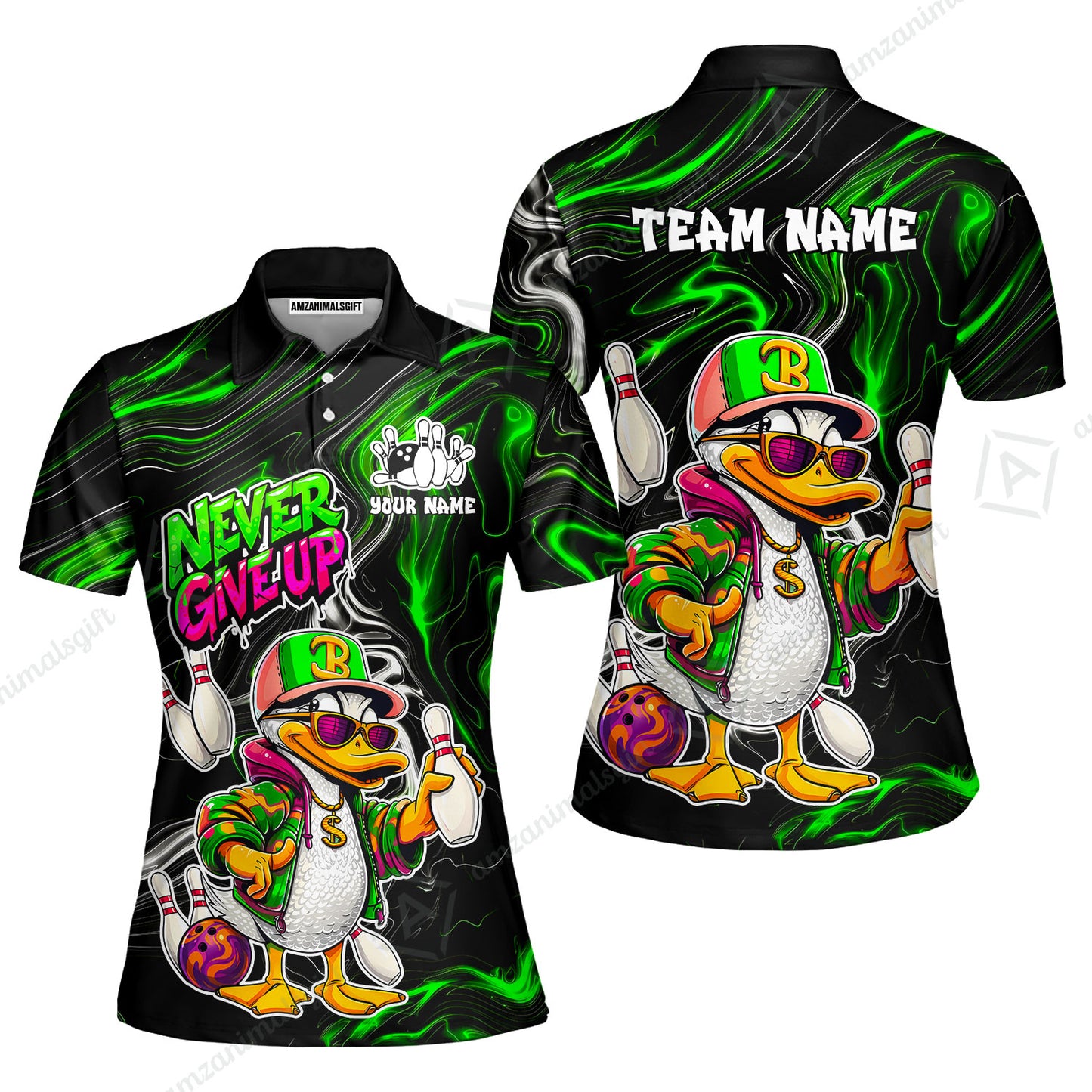 Custom Bowling Jersey Polo Shirt, Duck Never Give Up, Custom Bowling Jersey Team Shirt For Players With Name & Team Name
