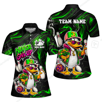 Custom Bowling Jersey Polo Shirt, Duck Never Give Up, Custom Bowling Jersey Team Shirt For Players With Name & Team Name