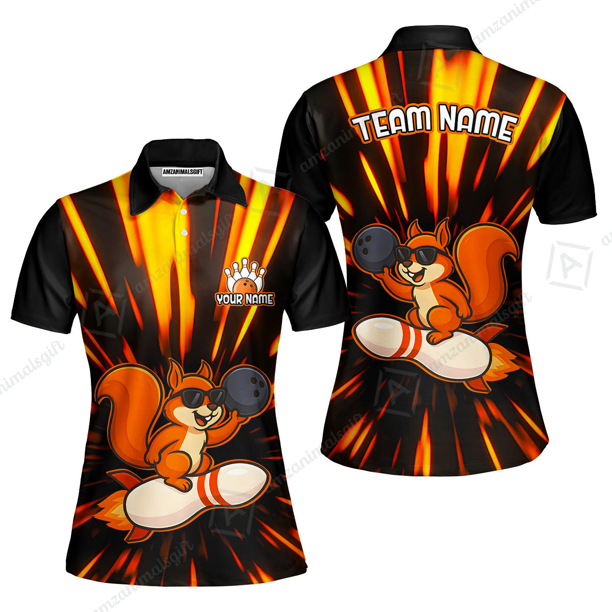 Funny Bowling Custom Polo T-Shirt - Fun Cartoon Flame With Squirrel Wearing Sunglasses, Personalized Bowling Jersey Polo Shirts