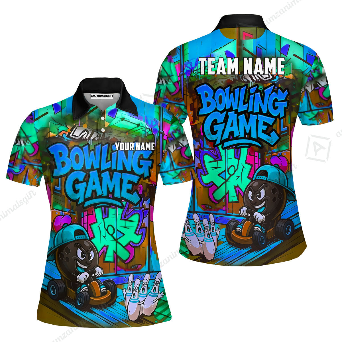 Custom Bowling Jersey Polo Shirt, Street Graffiti Go Kart Ball, Custom Bowling Jersey Team Shirt For Players With Name and Team Name