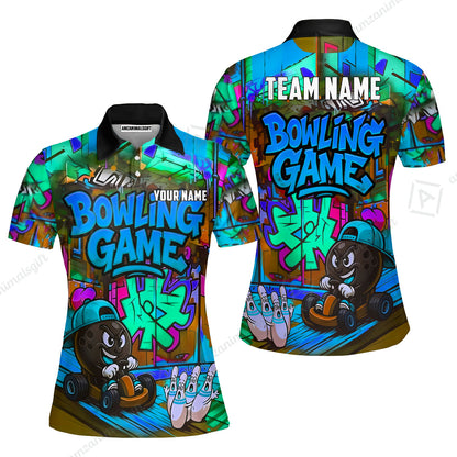 Custom Bowling Jersey Polo Shirt, Street Graffiti Go Kart Ball, Custom Bowling Jersey Team Shirt For Players With Name and Team Name