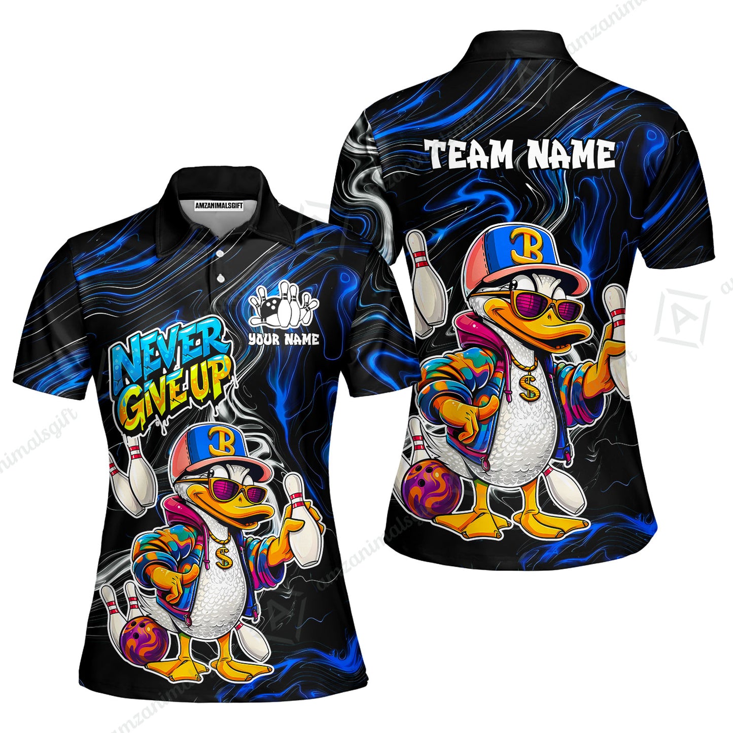 Custom Bowling Jersey Polo Shirt, Duck Never Give Up, Custom Bowling Jersey Team Shirt For Players With Name & Team Name