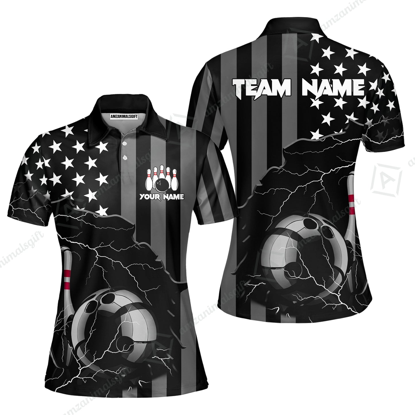 Custom Bowling Jersey Polo Shirt, Monochrome Lightning Flag Storm, Custom Bowling Jersey Team Shirt For Players With Name and Team Name