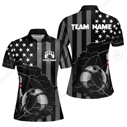 Custom Bowling Jersey Polo Shirt, Monochrome Lightning Flag Storm, Custom Bowling Jersey Team Shirt For Players With Name and Team Name