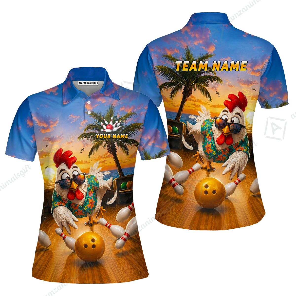Custom Bowling Jersey Polo Shirt, Funny Tropical Hawaiian Rooster Strike, Custom Bowling Jersey Team Shirt For Players With Name and Team Name