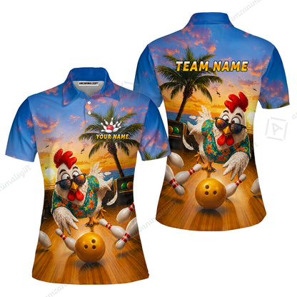 Custom Bowling Jersey Polo Shirt, Funny Tropical Hawaiian Rooster Strike, Custom Bowling Jersey Team Shirt For Players With Name and Team Name