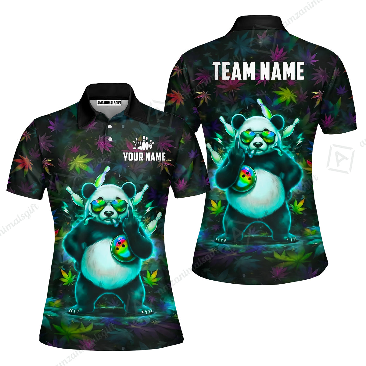 Custom Bowling Jersey Polo Shirt, Badass Stoner Panda & Psychedelic Leaves, Custom Bowling Jersey Team Shirt For Players With Name & Team Name