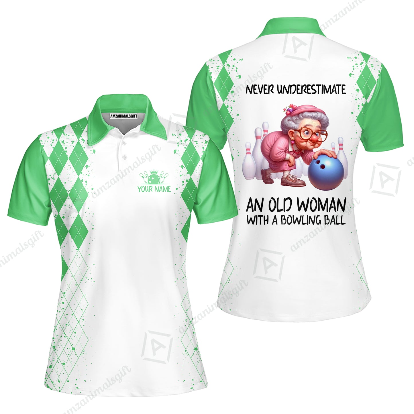 Custom Bowling Jersey Polo Shirt, Never Underestimate An Old Woman With A Bowling Ball, Personalized Name & Team Name