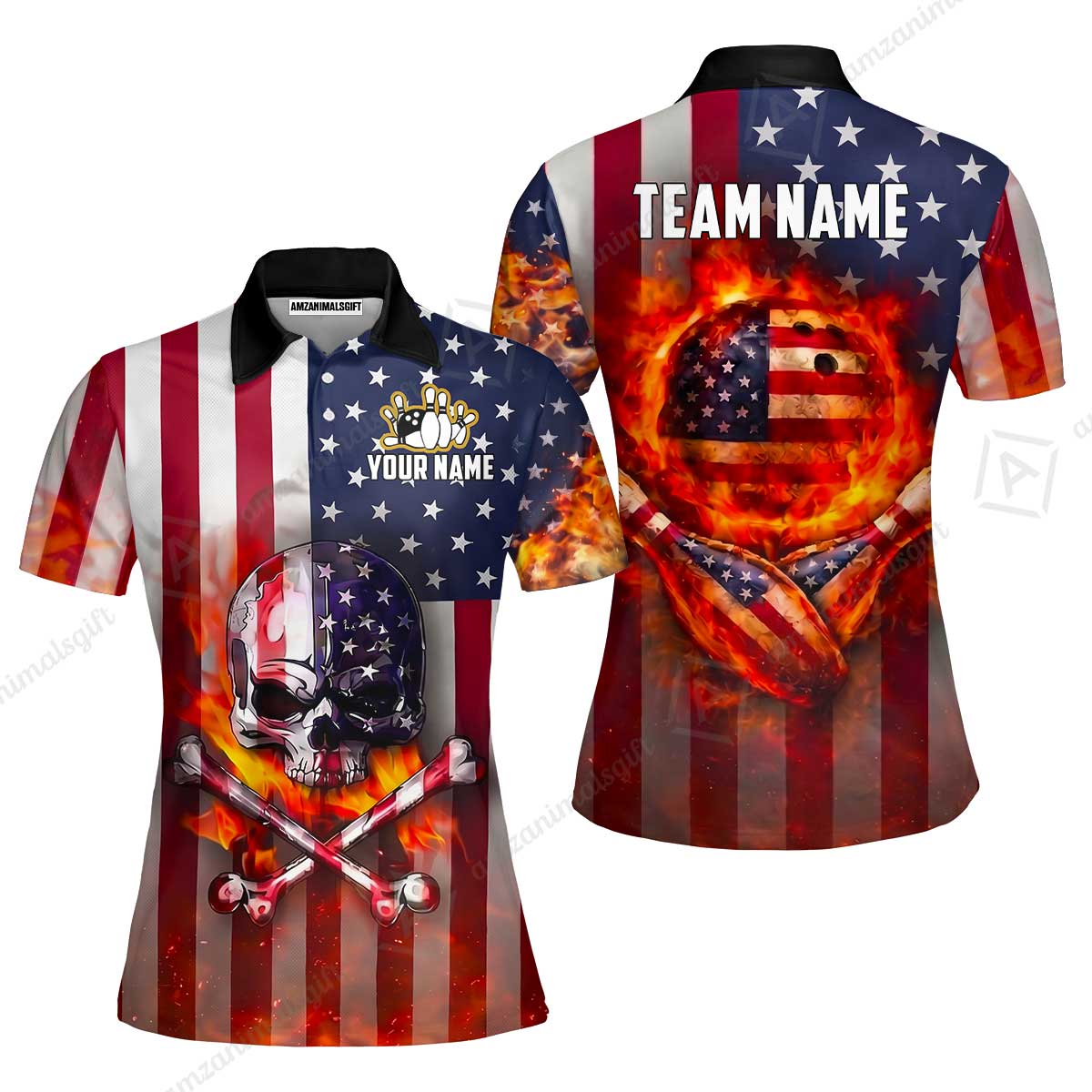 Customized Patriotic Flaming Skull Bowling Jersey, Custom Name And Team Name For Bowlers