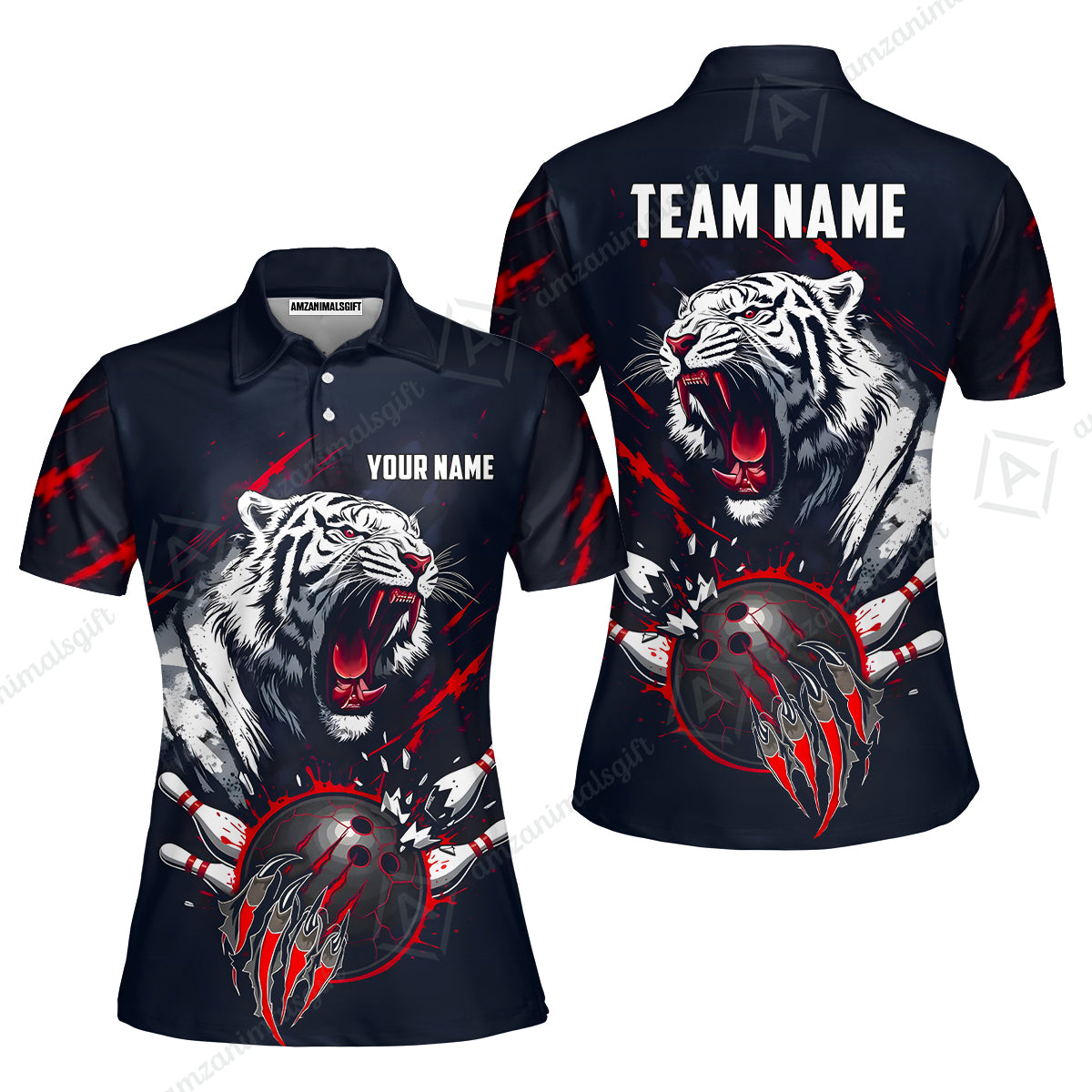Custom Bowling Jersey Polo Shirt, White Tiger Mascot Bowling, Custom Bowling Jersey Team Shirt For Players With Name & Team Name