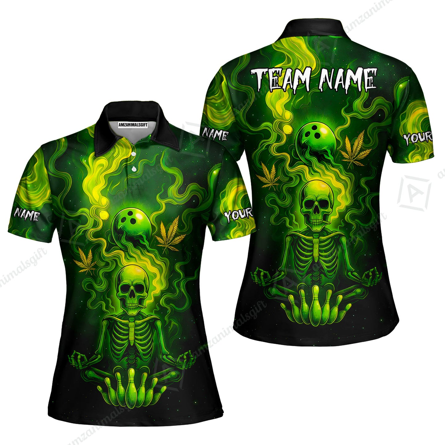 Custom Bowling Team Unisex Polo Shirt, Neon Skull CNB Bowling Custom Shirt Featuring Personalized Name and Team Name