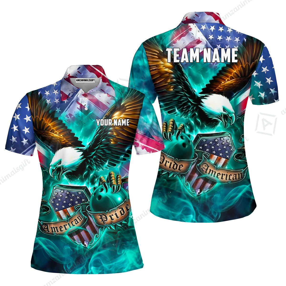Custom Bowling Jersey Polo Shirt, American Pride Eagle, Personalized Name & Team Name