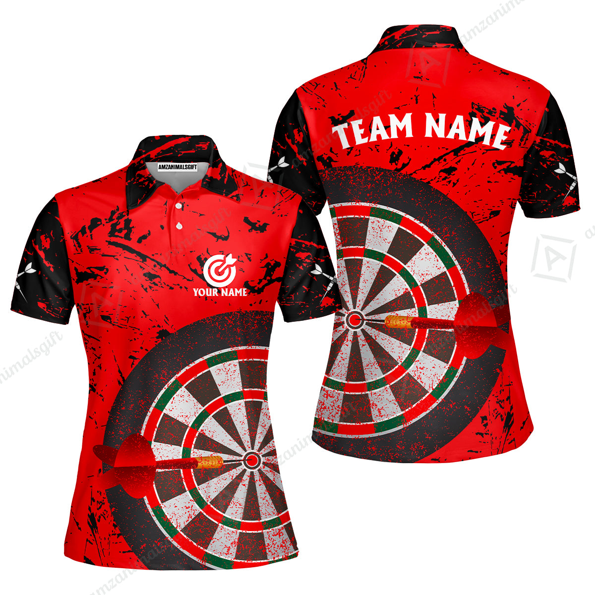 Red Dartboard Pattern Custom Darts Team Jersey Polo Quarter-Zip Shirts, Customized Name Team Name Darts Team Jerseys Uniform